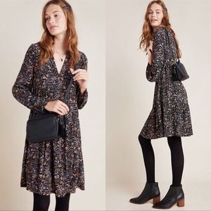 Maeve Anthropologie Amber Tiered Tunic Dress Sz Medium Long Sleeve Black Floral